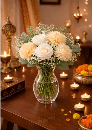 Image of Divyakosh Artificial Flowers for Home Decoration- Flora for Decor| Artificial Flowers for Vase (VASE NOT Included) Home Decor Items, Artificial Peach Dahlia & Rose Flowers Bunch for Vase