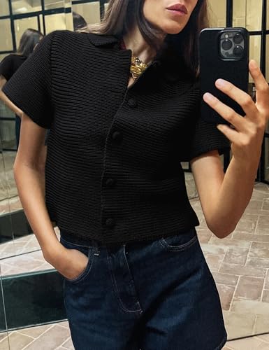 Image of Tanming Womens Cardigan Sweaters Soft Chunky Knit Top Short Sleeve Button Loose Outerwear Sweater