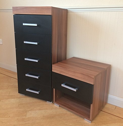 DRP Trading Chest of 5 Drawers Tall Boy & 1 Drawer Bedside Table in Black & Walnut Bedroom Furniture - Image 3