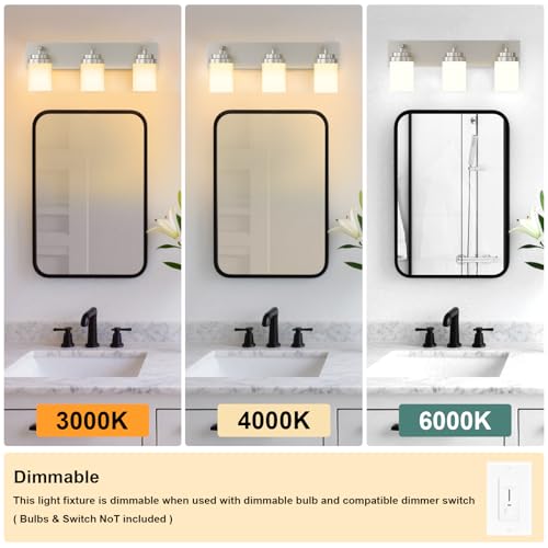 Image of IZORRO Bathroom Vanity Light Fixture, 3-Light 22 Inch Brushed Nickel Bathroom Light Fixtures Over Mirror, with White Glass Shade, Modern Farmhouse Vanity Lights, Rustic Restroom Lighting Fixtures