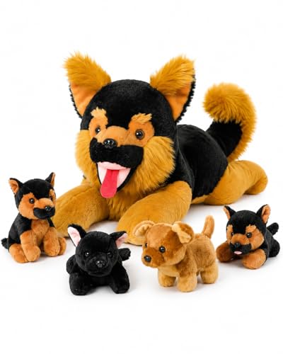 Image of MaoGoLan 5Pcs Giant German Shepherd Dog Plush Toys with 4 Babies, Realistic Soft and Cuddly Stuffed Dog Puppies for Kids, Puppy Lovers