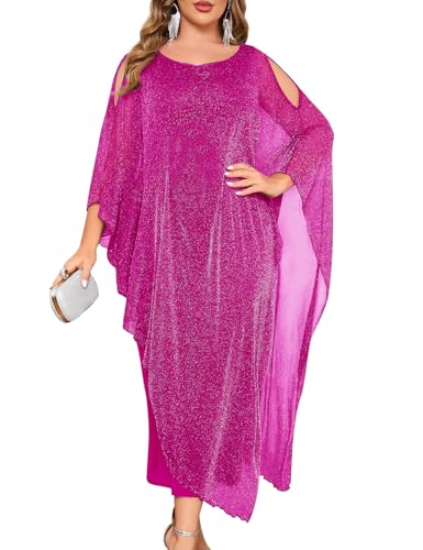 ZOMVA Plus Size Elegant Formal Dress Long Cape Overlay Wedding Guest Formal Cocktail Mother of Bride Outfit, Sparkly Hot Pink, 2X