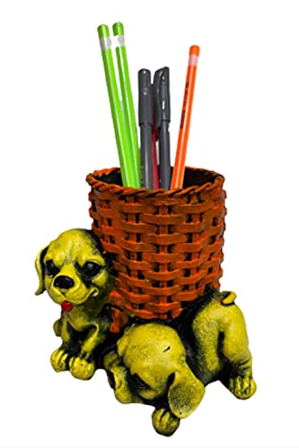 Image of AUGEN Pen Stand Decorative Hand Painted Two Puppy, Dog Design Stationery Holder | Gift Item | Table Top Decor (1052)