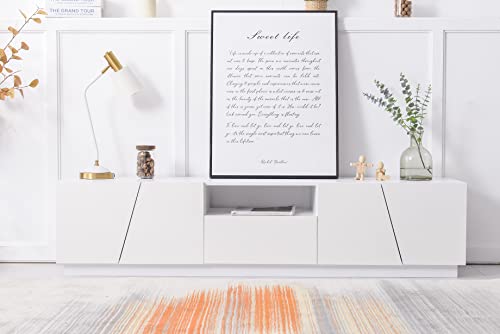 BTM Meuble TV Moderne avec Finition Brillante et Grain de Bois 170 cm Style Patchwork biseauté, Blanc