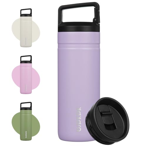 Image of BJPKPK 20 oz Insulated Travel Water Bottle, Coffee Tumbler Stainless Steel | Double Wall Vacuum, Leakproof, Thermal, Keeps Hot /Cold, BPA Free, Dishwasher Safe, Spill Proof, Wide Mouth, 2 Lids, Purple