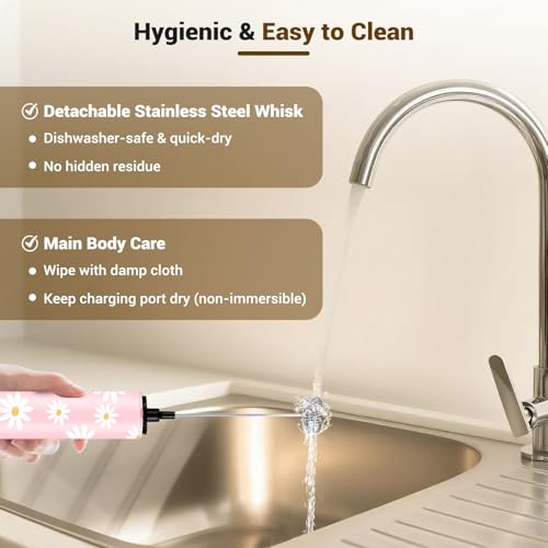 Image of Milk Frother Handheld Rechargeable - 2-Speed Electric Whisk with 5 Detachable Heads (Frother /Mixer /Whisk) for Coffee, Latte, Cappuccino & Matcha, Drink Mixer （Flower 1)