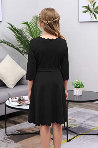 GORLYA Girl's 3/4 Sleeve Casual Scalloped Edge A-line Belted Dress with Pockets for 4-14T Kids2