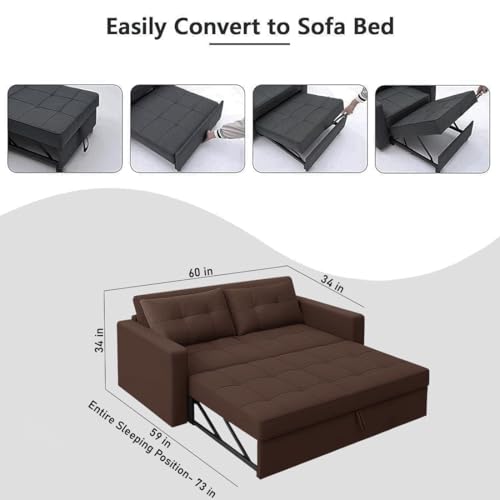 Image of CASASTYLE Trissa 2 Seater Pull-Out Premium Fabric Sofa Cum Bed Sofa Set for Living Room (Brown Fabric-Color)