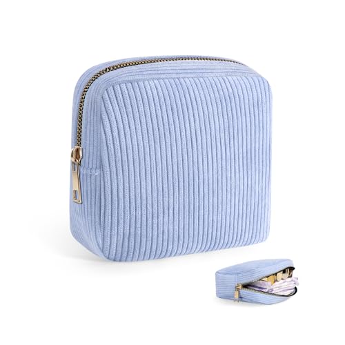 Image of Corduroy Period Pouch Small Discreet Period Bag Sanitary Napkin Storage Bag Cute Menstrual Pad Pouch Tampon Bag for Purse Portable Zipper Makeup Bags for Women Ladies Blue