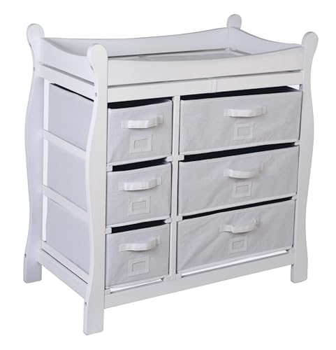 Image of Badger Basket Sleigh Style Baby Changing Table with 6 Storage Drawers and Pad - White