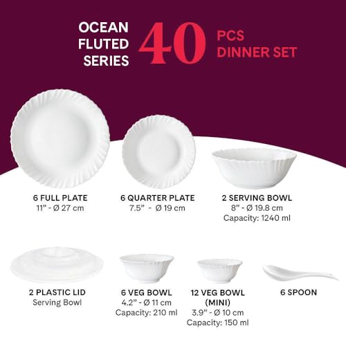Image of Larah by Borosil Ocean Fluted Series Opalware Dinner Set | 40 Pieces for Family of 6 | Microwave & Dishwasher Safe | Bone-Ash Free | Crockery Set for Dining & Gifting | Plates & Bowls | White