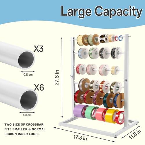 Image of 6 Tier Ribbon Organizer Rack - Metal Large Capacity Ribbon Holder for Craft Ribbon Washi Tape Arts & Crafts Supplies, Ribbon Storage Ribbon Rack for Craftroom, Florist Arts Wrapping, Cake Shop(White)