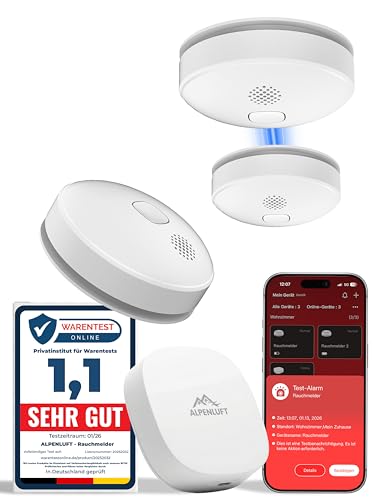 ALPENLUFT Rauchmelder mit Smart App 10 Jahre Batterie TESTSIEGER Feuermelder Funk und WLAN Vernetzt Rauchwarnmelder Brandmelder Funkrauchmelder Vernetzbar Ohne Bohren Ohne LED Blinken 3er + HUB
