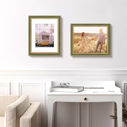Image of Golden State Art,11x14 Ornate Picture Frame Holds 8x10 Photo,Green Gold | Includes real glass front,white mat,build-in hangers and buttons.Displays 8x10 photo on wall