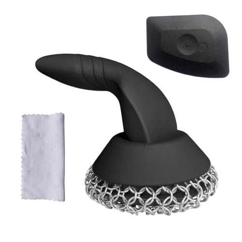 Cast Iron Scrubber with Pan Scraper & Towl, 316 Chainmail Scrubber with Long Handle, Upgraded Chain Mail Scrubber Cleaner for Grill Pan Skillet Wok Carbon Steel Dutch Oven Metal Brush (Black)