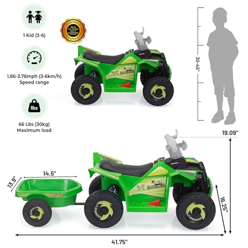 TOBBI 6V Electric Kids Ride On Toy ATV with Trailer, 4 Wheeler Powered Car, Toddler Vehicle to Drive with Music/Battery Volume Display for Children Age 3-6-Green - Thumbnail 6