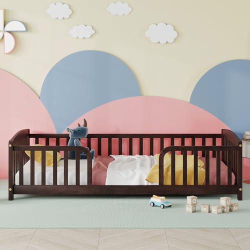Image of Bellemave Twin Size Montessori Floor Bed Frame with High Fence, Solid Wood Kids Floor Bed with Central Entrance, Low Profile Bed for Boys & Girls, Rounded Corner Design,Espresso