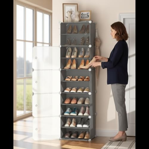Image of Sunderlook Shoe Rack Plastic for Home- Slipper Stand, Professional Shoe Stand, Chappal Stand, Multipurpose Foldable Standing Comfort Runner Shoe Rack with Door (Dark Grey, 10 Shelf 5 Door)