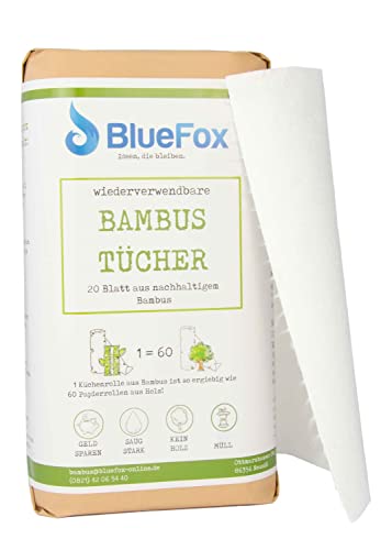 Blue Fox - Juego de 2 rollos de cocina de bambú 100%, absorbentes, resistentes y absorbentes, sustituye a hasta 60 rollos de papel de cocina, paños de limpieza reutilizables, paño de bambú lavable Cover