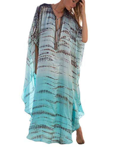 Bsubseach Women Plus Size Lace-up V Neck Batwing Sleeve Side Slit Turkish Beach Kaftan Bikini Cover Up