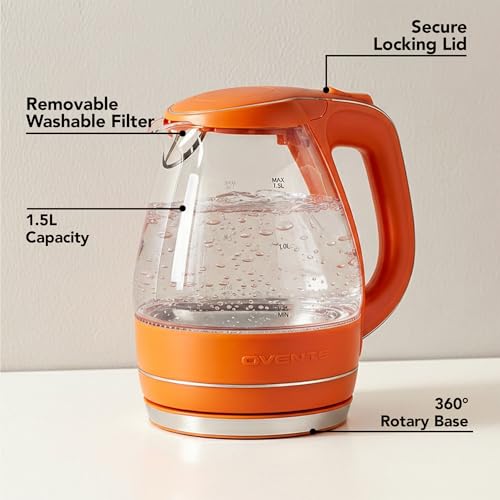 Image of OVENTE Electric Kettle, 1.5L Borosilicate Glass Countertop Water Heater and Boiler for Coffee or Tea, BPA-Free, Auto Shut-Off, Boil-Dry Protection, Removable and Washable Spout Filter, Orange KG83O