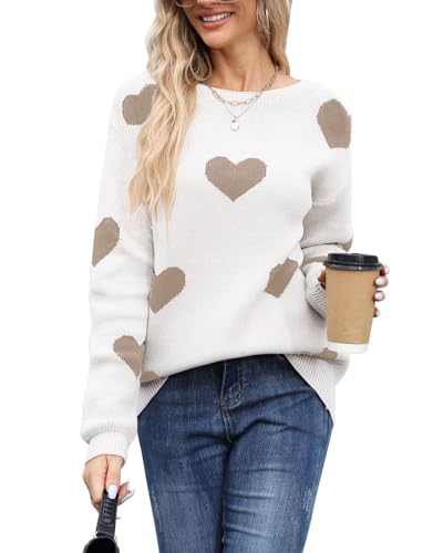 Image of Womens Cute Heart Sweater Crew Neck Long Sleeve Pullover Valentines Sweater