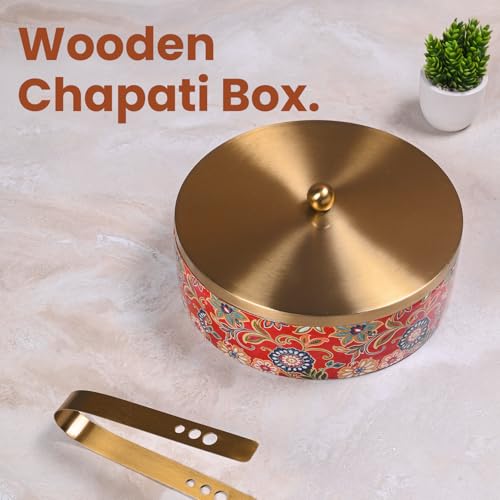 Image of Wooden Masala & Chapati Box Combo - Wooden Masala Box (7 Stainless Steel Jars + Spoon) & Wooden Chapati /Roti Box (Stainless Steel Brass Lid + Tong) - Red & Golden (Printed)