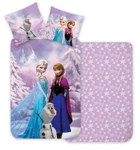 Brandmac Juego de cama infantil de Frozen Frozen con funda nórdica reversible de 135 x 200 cm + funda de almohada de 80 x 80 cm, 100% algodón, con ELSA, Anna y Olaf