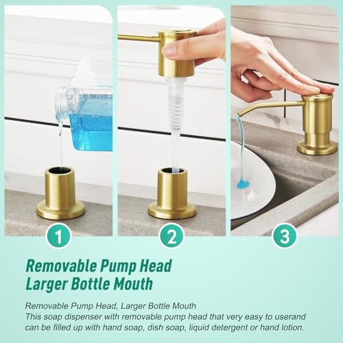 CREA Seifenspender Einbau Küche, Spülmittelspender Küche, Seifenspender für Spülbecken mit 500ML Flasche und 1,0 m Verlängerungsschlauch von Oben Befüllen, Gebürstetes Gold