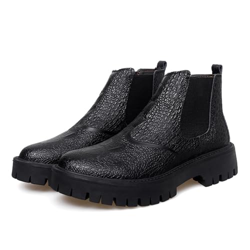 Men's Print Leather Platform Low Chunky Heel Chelsea Boots Fashion Classic Slip On Elastic Bandage Lug Sole Block Heel Chukka Booties for Casual Business Dress Boots