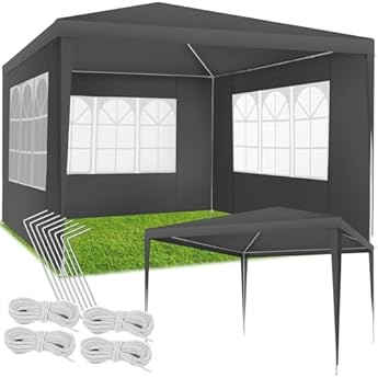 Foto di tectake® Tendone per Feste, Padiglione Gazebo Esterno Resistente con 3 Pezzi Laterali, Gazebo da Esterno con Finestre, Gazebo Impermeabile, Resistente ai Raggi UV, 300 x 300 x 250 cm - Grigio