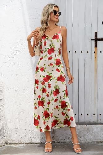 Image of Women's Spaghetti Strap Midi Satin Silk Dresses Slip Cowl Neck Party Cocktail Evening Sexy Dress