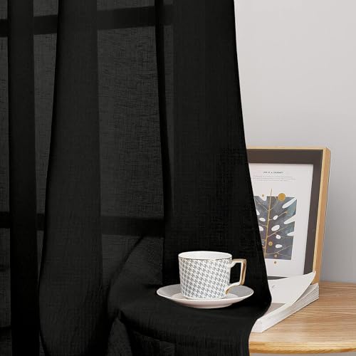 Image of Amazon Basics - Linen Textured Sheer Door Curtains | Light Filtering | 5 Feet | Set of 2 | Plain Design | for Living Room, Bedroom & Balcony | 150cm x 115cm, Color - Black