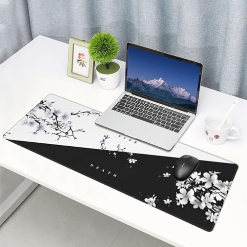 Image of Japanese Life Death Keyboard Mat, Black White Japanese Anime Gaming Mouse Pad for Desk with Anti-Slip Rubber Base and Stitched Edges, Japanese Sakura Pagoda Sun Mouse Pad