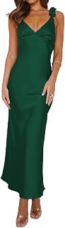 Summer Satin Spaghetti Strap V Neck Midi Dresses for Women Wedding Guest Elegant Flower Backless Cocktail Formal Dress