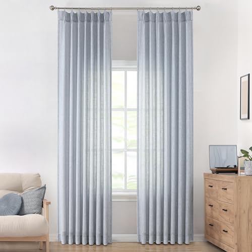 Image of Vision Home Blue Pinch Pleated Semi Sheer Curtains Textured Light Filtering Window Curtains 120 inch for Living Room Bedroom Rayon Blend Chambray Blue Pinch Pleat Drapes with Hooks 2 Panels 40 inchWx120 inchL