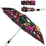 ban.do Rain or Shine Black Umbrella, Travel Umbrella Compact, 3.5 Feet Wide Folding Umbrella, Flower