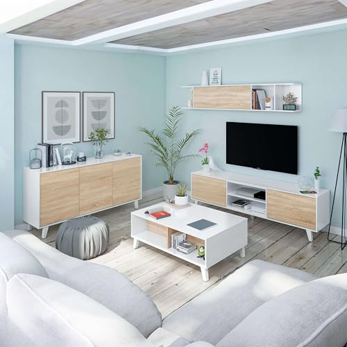 Miroytengo Pack Muebles para Salón Completo Color Blanco Y Roble (Mueble De Salón + Aparador + Mesa De Centro Elevable)