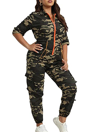 Snipertears Womens Camo Jumpsuits Front Zipper Pocketed Jogger Pants Casual Drawstring Waist Camouflage One-Piece Rompers (Green Camo,M,Medium) #TOP1