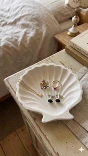 Image of TREETRUNK Handmade Concrete Shell Trinket Tray | White | Shell Shaped | Jewellery /Makeup /Table Organizer | Home Decor | Candle Tray | Multipurpose (9.5x9.5cm)