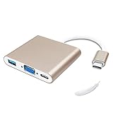 Type-C Multiport Hub Adapter, 3-in-1 USB-C to VGA USB3.0 Type-C Female Adapter with Charging & Video Converter for Apple MacBook,ChromeBook Pixel Projector TV and More Type-c Devices Gold