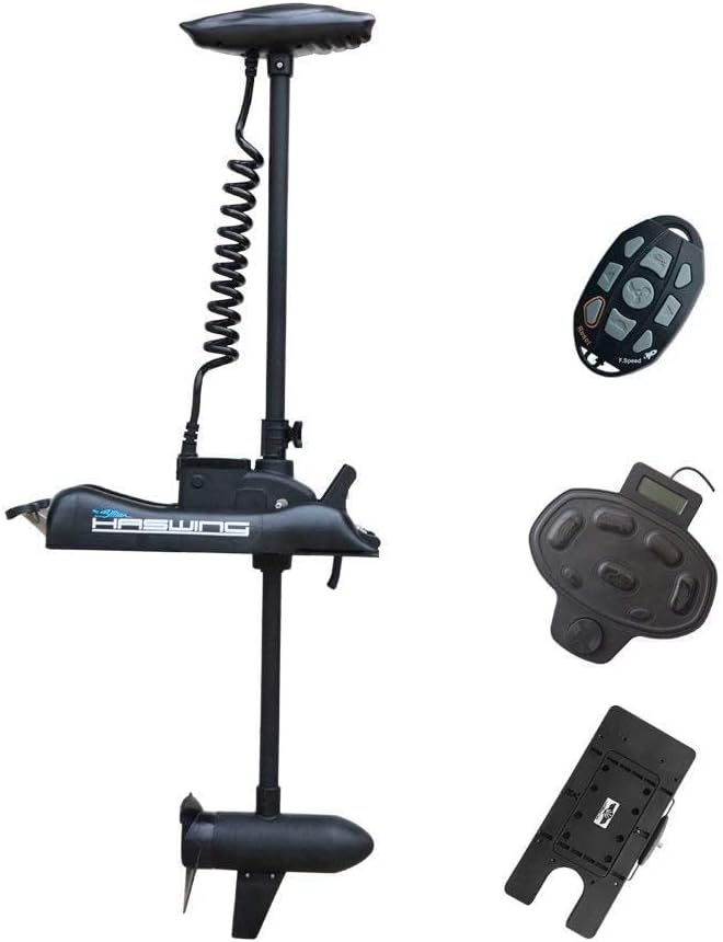AQUOS Haswing Black Cayman Trolling Motor with accessories including remote, foot pedal, and quick release bracket