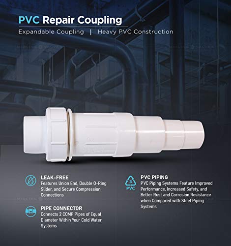 Image of Midline Valve 567SD400 Heavy Duty PVC Repair Coupling; Expandable Pipe Fitting; 4 in.; White Plastic