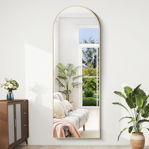 BONEWEI Ganzkörperspiegel 161x52cm, Bogen Standspiegel Ganzkörperspiegel mit Gold Aluminiumrahmen, Groß Gewölbter Wandspiegel zum Stehen, Anlehnen oder Hängen für Wohnzimmer Schlafzimmer Flur, Schmink