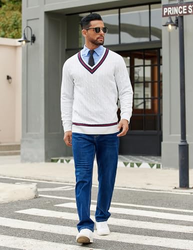 COOFANDY Mens V Neck Sweater Long Sleeve Cable Knit Sweater Fall Winter Pullover Slim Fit Stretchy Fabric Preppy Style4