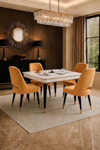 Image of WOODEN SPACE 4 Seater Wooden Dining Table Set | Urban Marble Top Dining Table with Chairs for Dining Room & Kitchen (Modern Vintage Mustard) (42 x 42 x 30 inch)