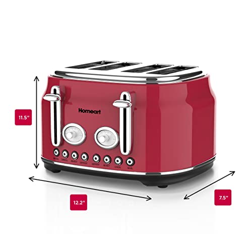 Homeart Chelsea 4-Slice Retro Toaster - Stainless Steel With Removable Crumb Tray, Adjustable Browning Control With Multiple Settings To Cancel, Defrost, Reheat And Bagel - 1500W, Red #TOP3