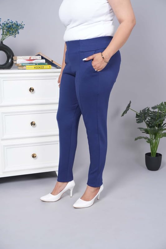 Image of Mlada Women's Solid Cotton Lycra High Waist Ankle Length Tummy Tucker Jeggings Trouser with 2 Side Pockets | Office Wear Summer Pants | Regular Fit, Stretchable, Comfortable & Stylish Everyday Bottoms