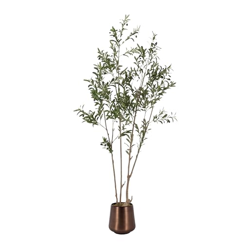Kate and Laurel Oliveira Faux Olive Tree with Portell Metal Planter Pot, 7 FT, Bronze, Potted...