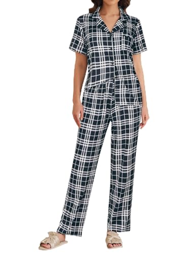 Image of Ekouaer Womens Pajamas Set Print PJs Soft Button Down Sleepwear Short Sleeve Lounge Set with Pockets